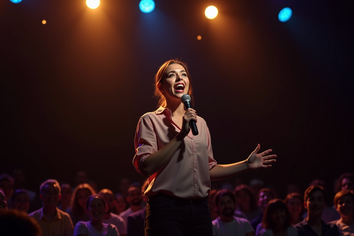Jeune femme en stand-up sur scène avec micro et expression expressive