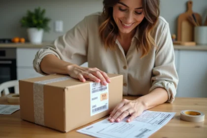 Femme préparant un colis à envoyer en comparant les tarifs Mondial Relay et La Poste sur son bureau de cuisine