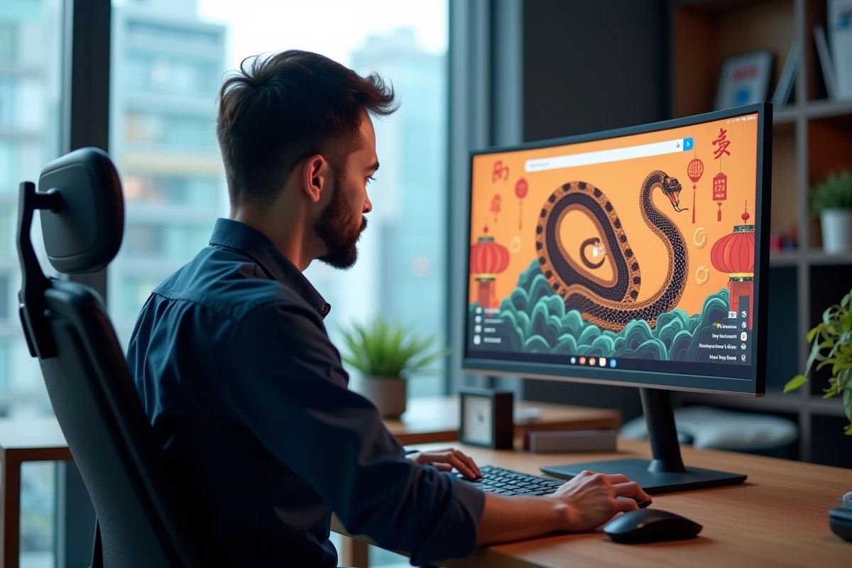 Homme configurant les paramètres du jeu Google Année du Serpent sur un grand écran de bureau au bureau