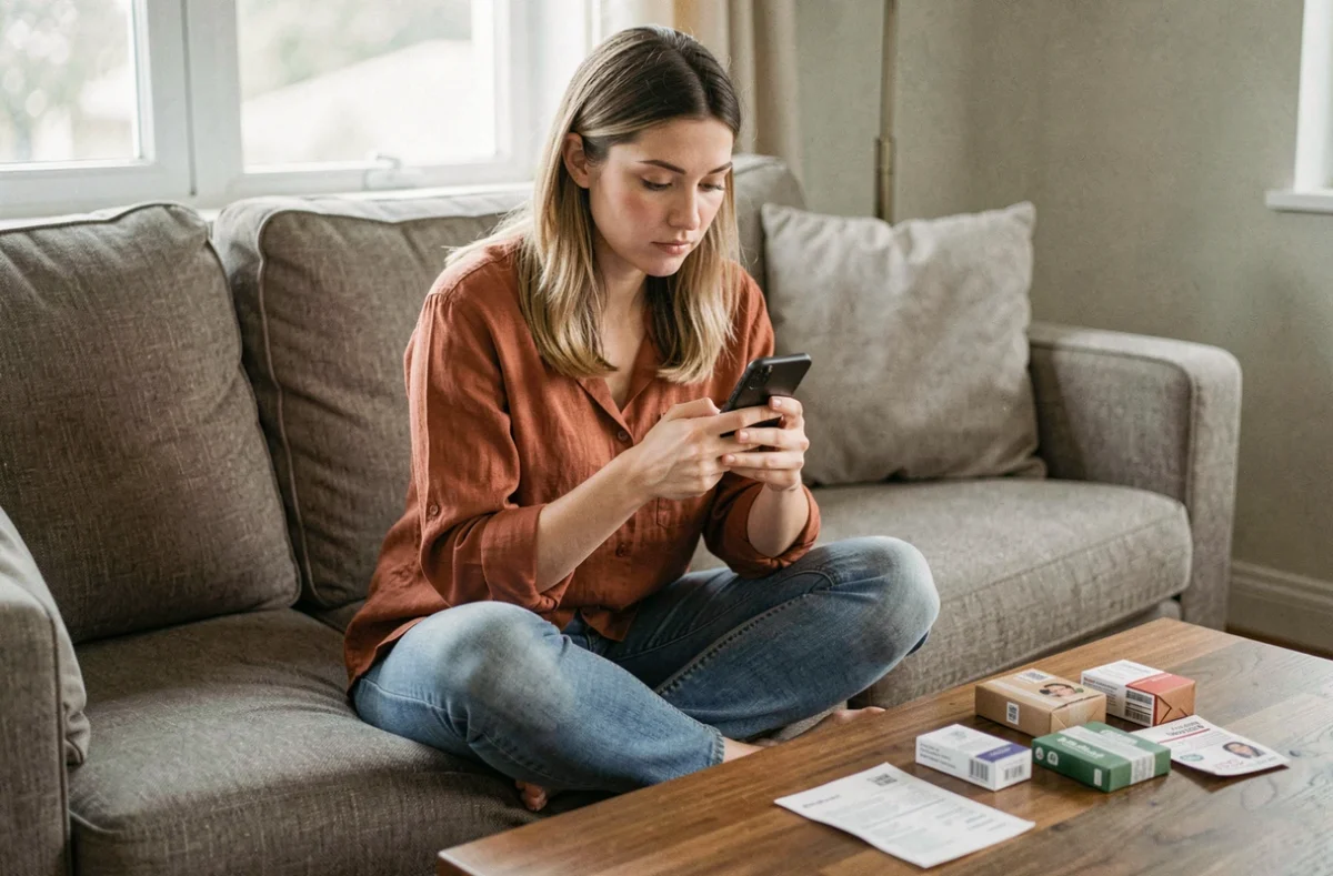 Jeune femme consultant des avis clients sur son smartphone avant de commander sur Hacoo SaraMart