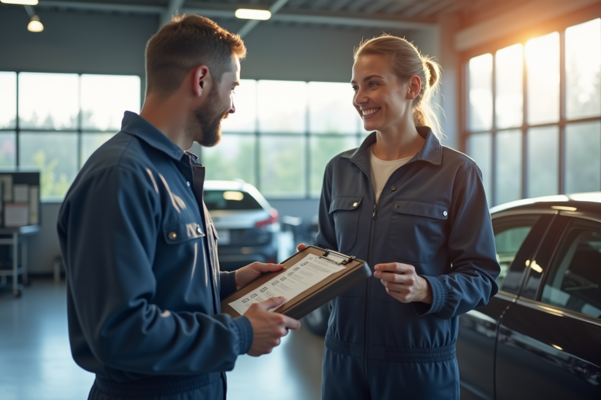 Mecanicien dans un garage moderne avec une famille et une checklist