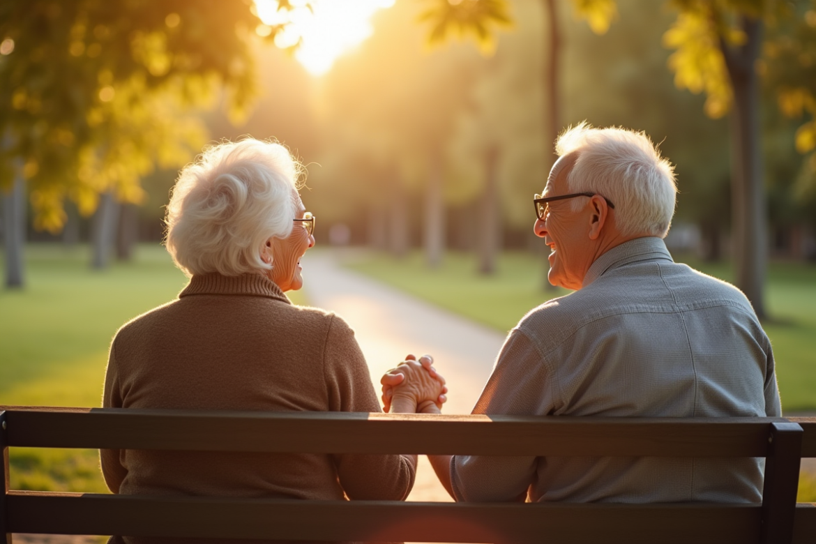 Couple âgé souriant main dans la main en parc