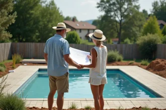 Couple examinant des plans près d'une piscine en construction