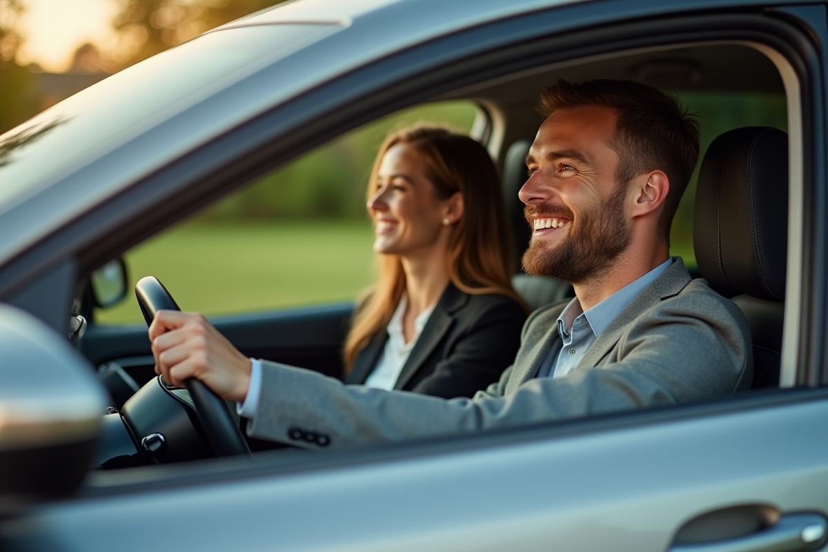 Jeune couple dans une Peugeot 308 hybride au station de recharge