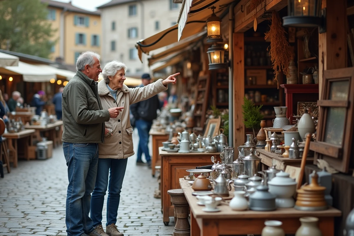 Couple de chineurs examinant une cafetière émaillée ancienne sur un vide grenier en Savoie