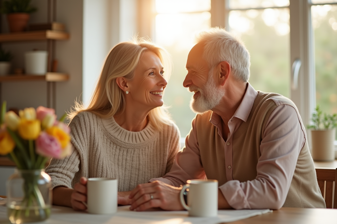 Couple d'âge moyen souriant à la cuisine le matin
