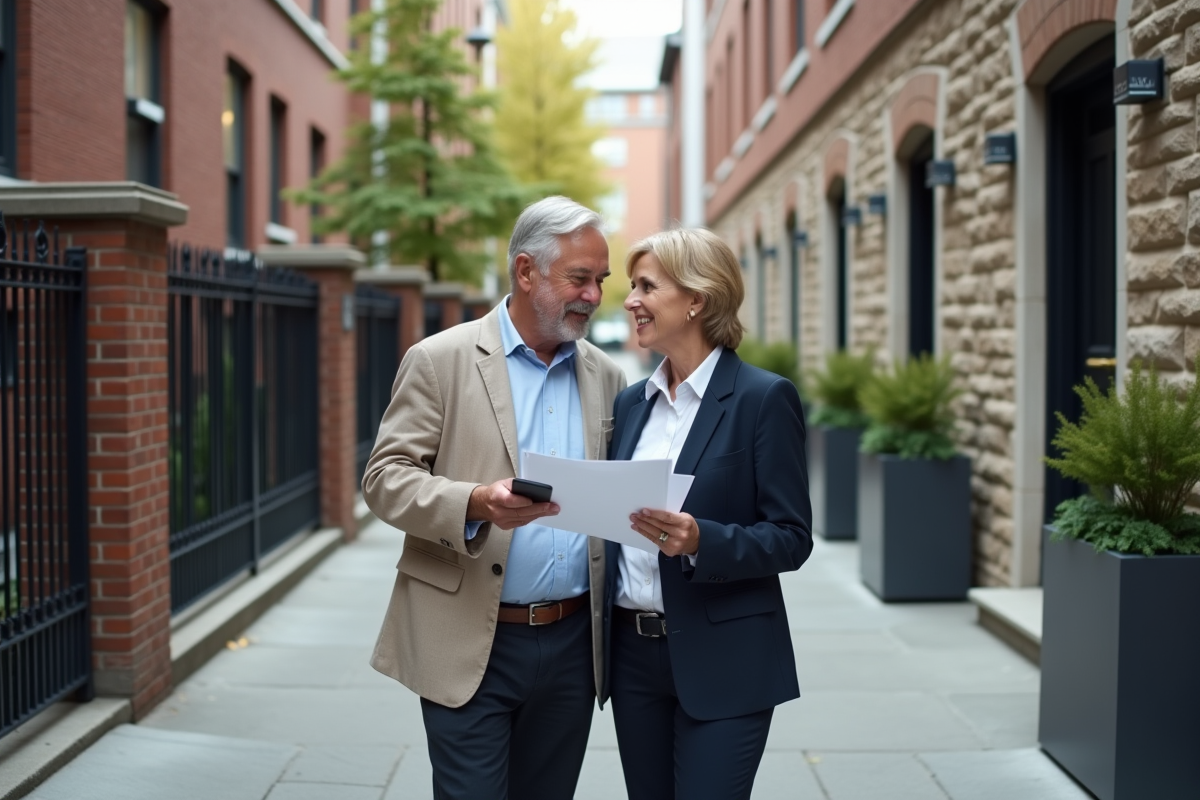 Couple discutant devant immeubles résidentiels en extérieur