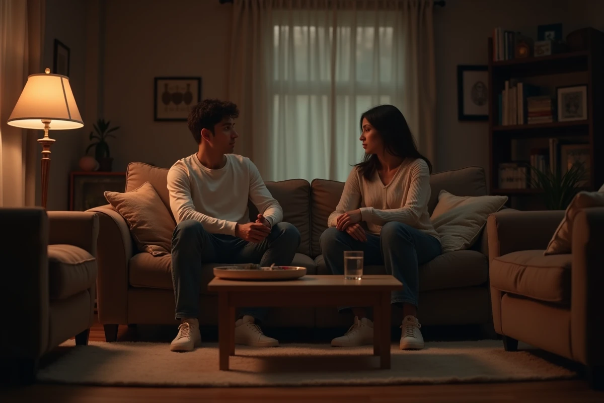 Couple assis aux deux extrémités d'un canapé, regard détourné, distance émotionnelle palpable dans un salon contemporain