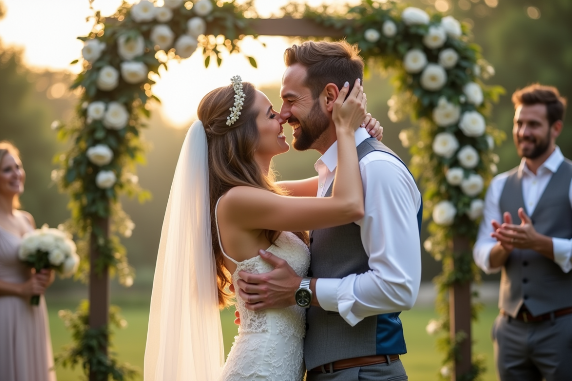 Couple heureux s'embrassant sous un arc de fleurs lors d'une cérémonie en extérieur