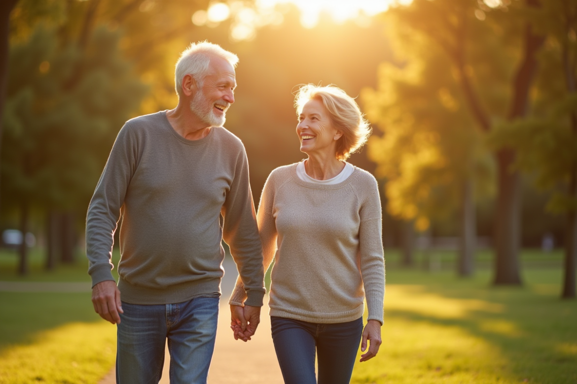 Couple retraité marchant main dans la main dans un parc ensoleille