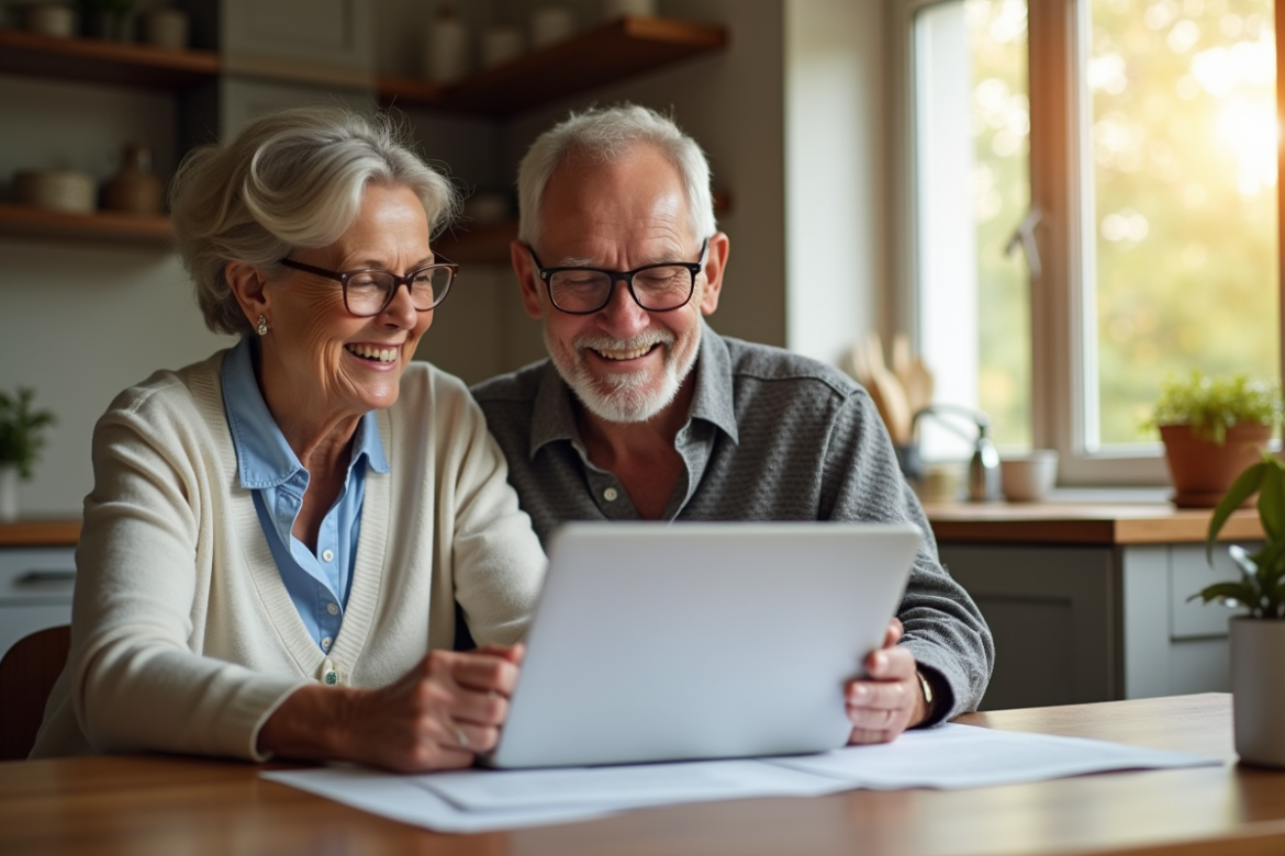 Couple retraité souriant examinant des documents à la maison