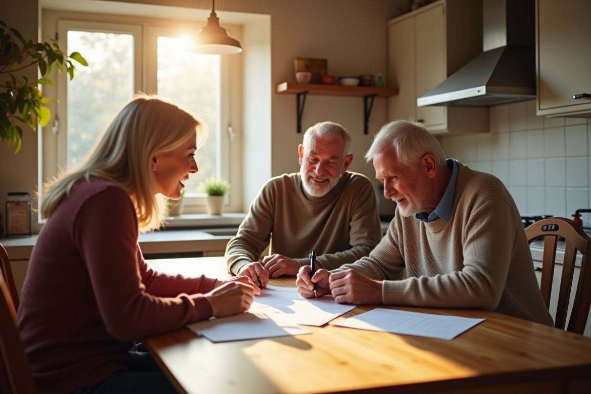 Couple senior signant un prêt immobilier avec un banquier dans la cuisine