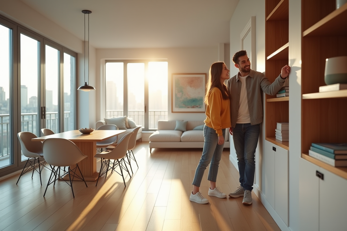 Jeune couple découvrant un appartement moderne lumineux