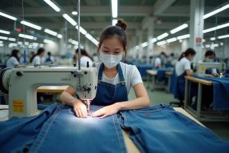 Jeune femme cousant du denim dans une usine de vêtements
