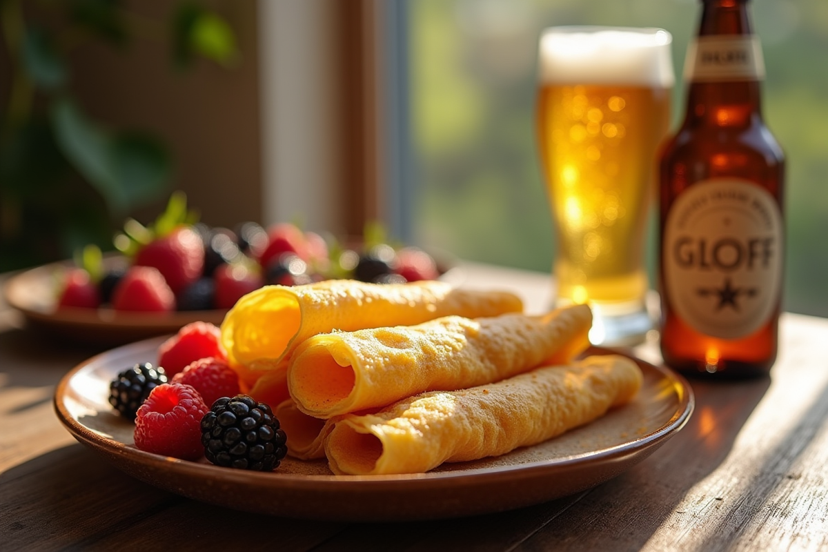 Crêpes dorées garnies de fruits rouges avec une bière blonde à côté