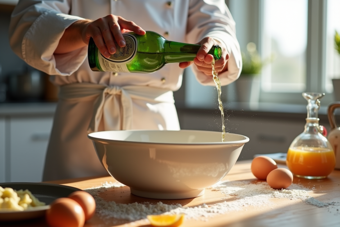 Les mains d'un chef versant de la bière dans un bol avec œufs et farine