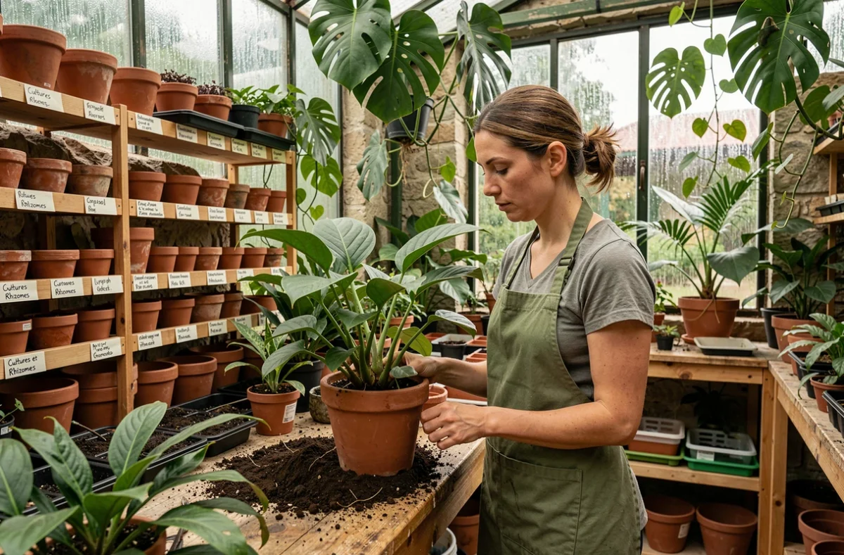 Fleuriste de Cultures et Rhizomes rempotant une plante tropicale rare dans un atelier botanique lyonnais