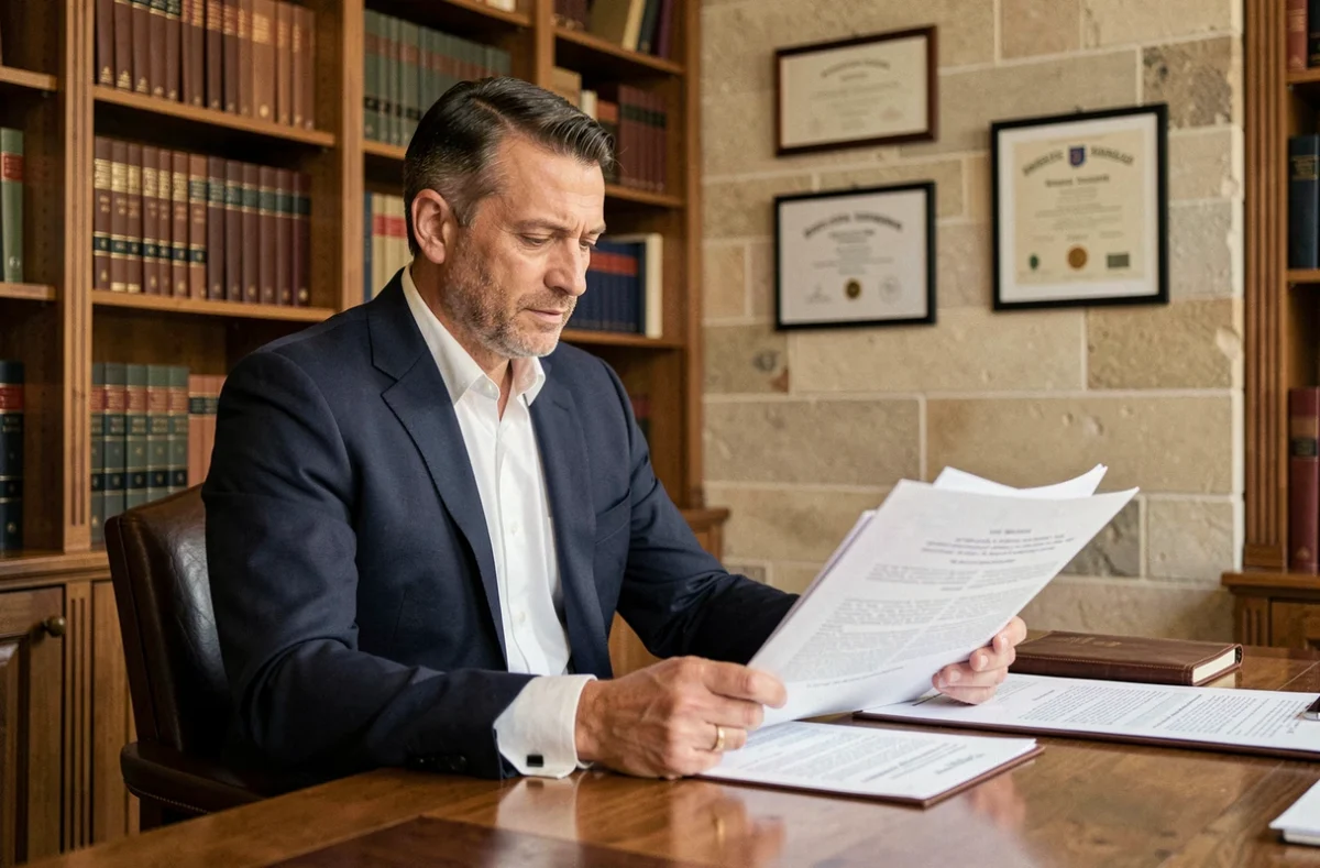Avocat médiateur Damien Basset en costume marine assis à son bureau dans son cabinet du Cantal