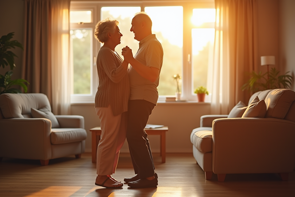 Couple de seniors dansant dans un salon lumineux