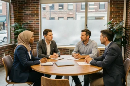 Groupe de personnes de religions et origines diverses en discussion autour d'une table dans un espace communautaire moderne, symbolisant le débat sur l'identité religieuse dans la société française