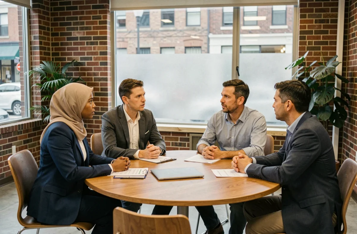 Groupe de personnes de religions et origines diverses en discussion autour d'une table dans un espace communautaire moderne, symbolisant le débat sur l'identité religieuse dans la société française