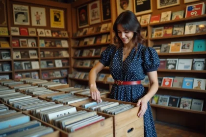 Jeune femme aux allures vintage feuilletant des disques vinyles dans une boutique de disques parisienne, ambiance années 60