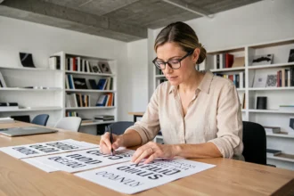 Designer analysant des échantillons de typographies imprimées pour évaluer la lisibilité des polices d'écriture