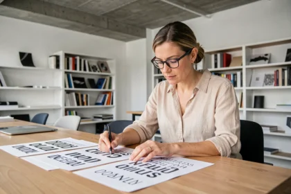 Designer analysant des échantillons de typographies imprimées pour évaluer la lisibilité des polices d'écriture