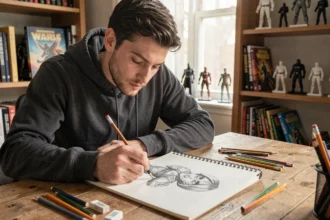 Jeune homme dessinant un personnage Star Wars dans un studio créatif avec des crayons et un carnet de croquis sur un bureau en bois