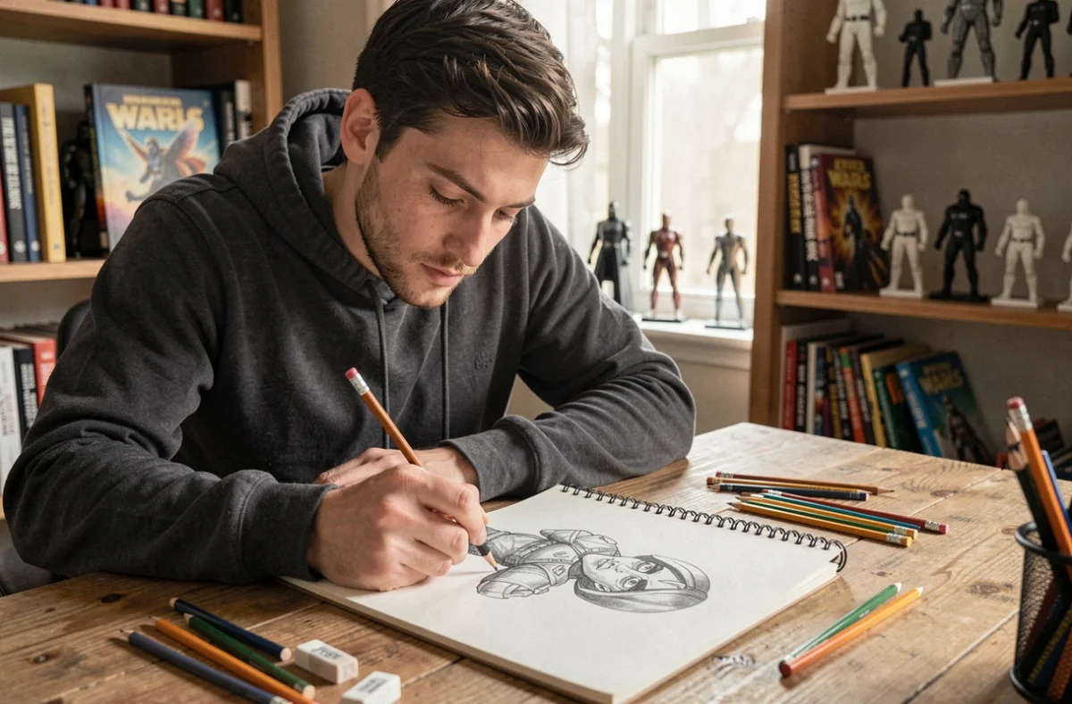 Jeune homme dessinant un personnage Star Wars dans un studio créatif avec des crayons et un carnet de croquis sur un bureau en bois