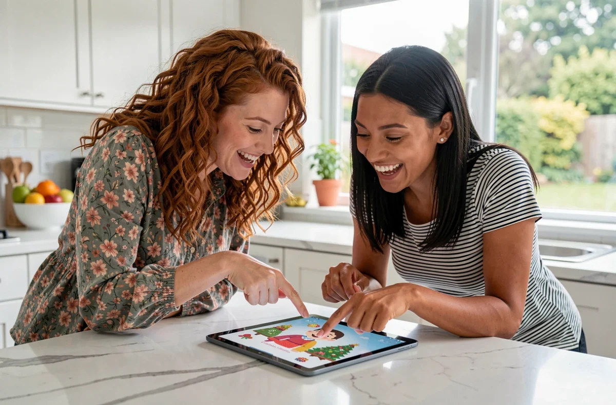 Deux femmes regardant ensemble une cybercarte animée de fête sur une tablette dans une cuisine moderne