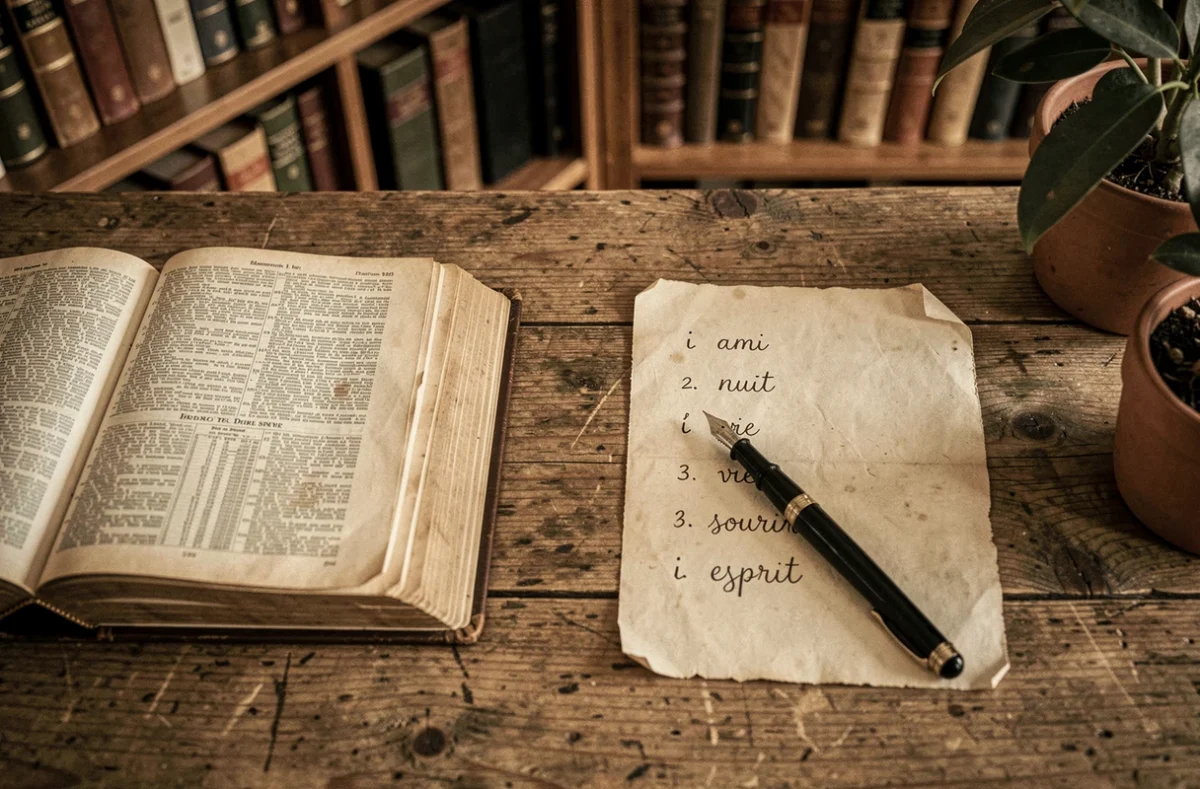 Dictionnaire ouvert et liste manuscrite de mots rimant en i posés sur une table en bois, évoquant la recherche lexicale pour l'écriture poétique