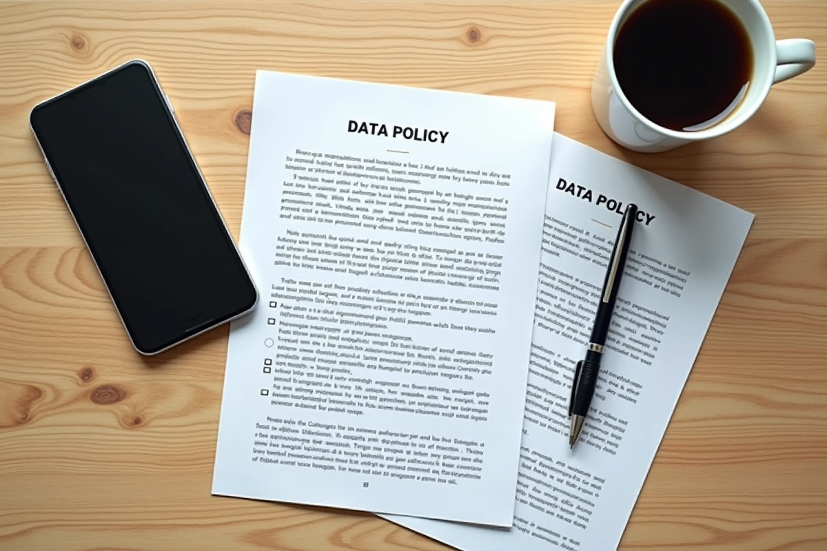 Vue aérienne d'un bureau avec smartphone et documents de politique de confidentialité, symbolisant la collecte et le traitement des données utilisateurs
