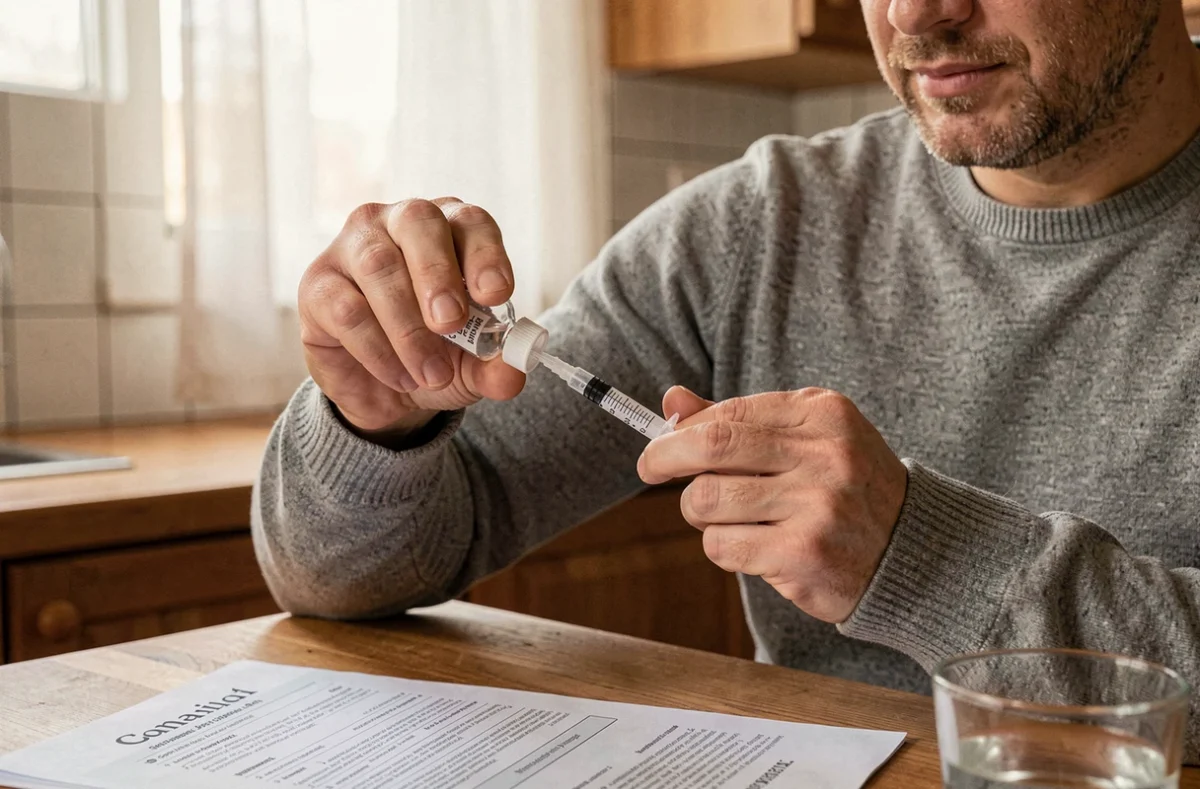 Homme dosant un médicament liquide avec une seringue graduée en millilitres dans une cuisine