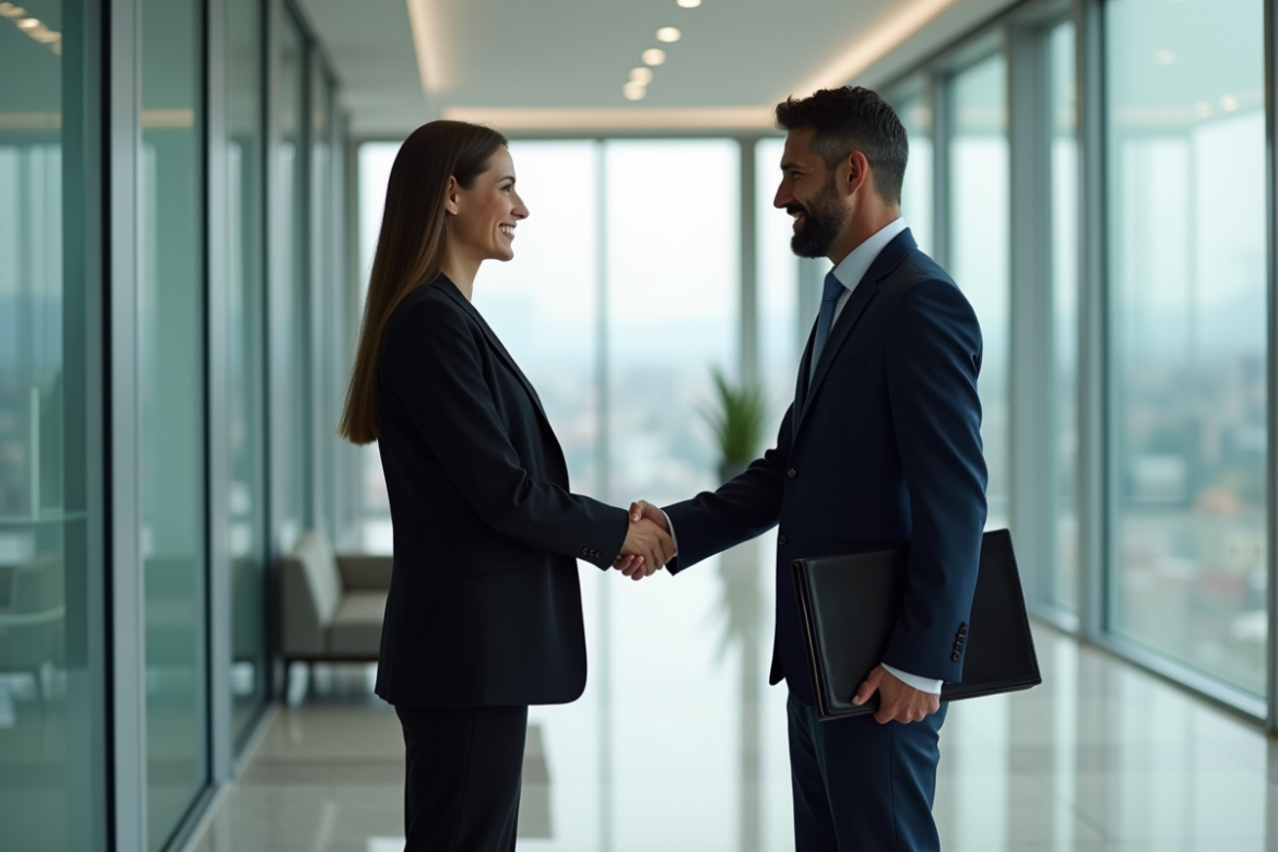 Homme d'affaires en costume navy serre la main d'une femme d'affaires