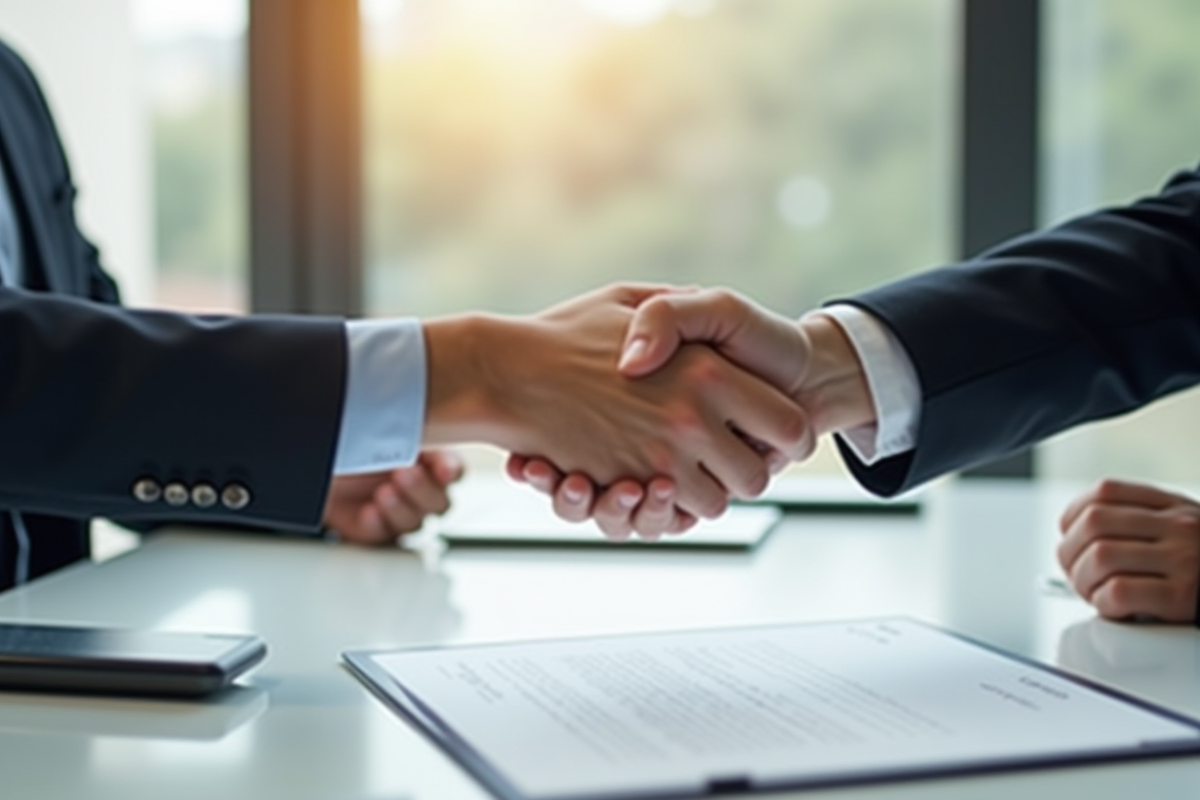 Deux mains échangeant un contrat signé dans un bureau lumineux