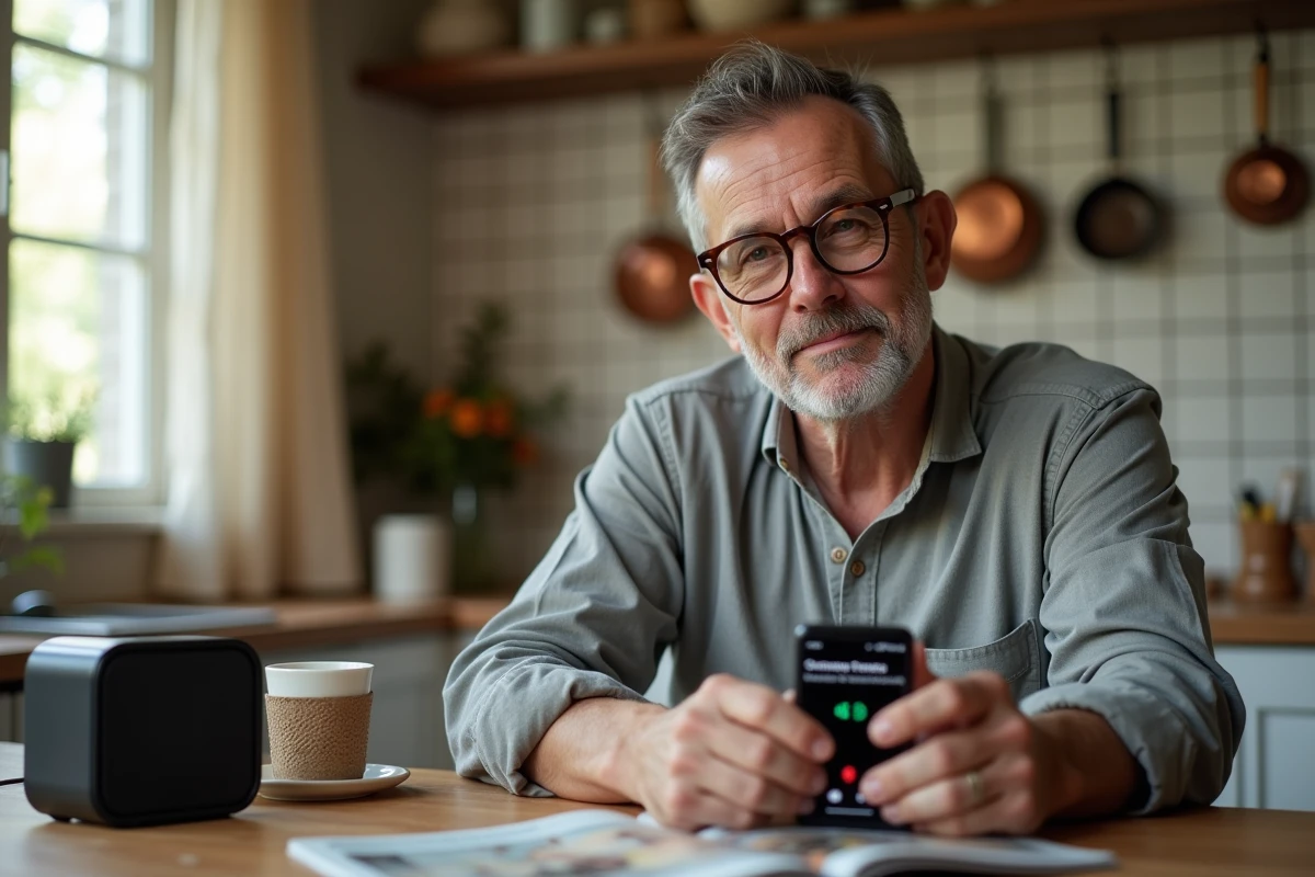 Homme écoutant une playlist de chansons françaises des années 60 sur smartphone dans une cuisine rustique, ambiance nostalgique