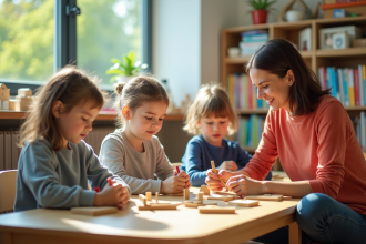Enfants en atelier créant des formes géométriques en bois
