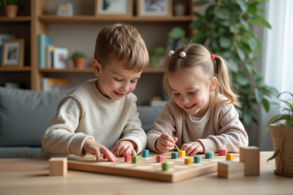 Jeunes enfants jouant avec des blocs en bois colorés dans un salon