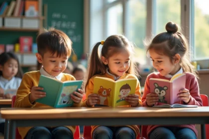 Enfants lisant dans une salle de classe lumineuse