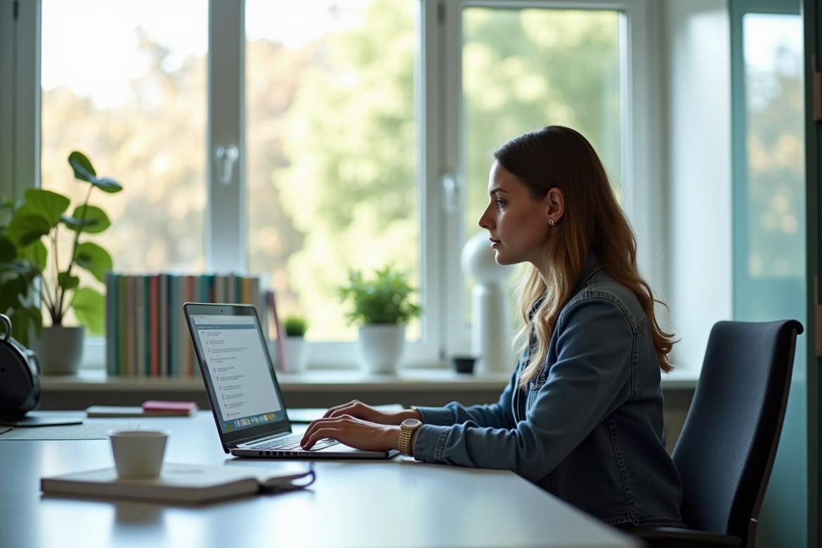 Enseignant au bureau moderne vérifiant un ordinateur