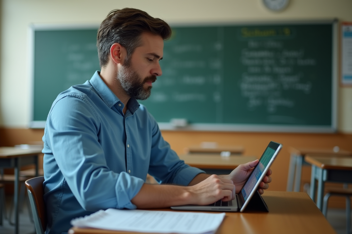 Enseignant vérifiant des devoirs sur une tablette en classe