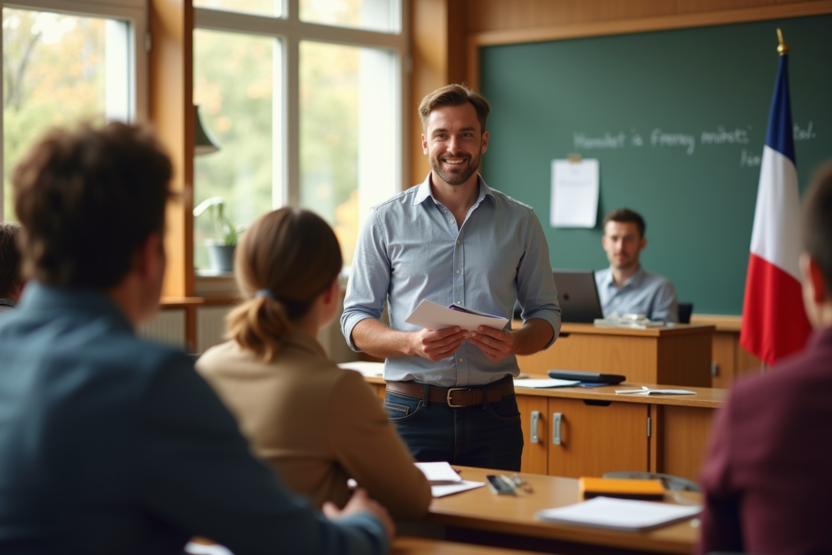 Enseignant confiant face aux étudiants dans une salle éducative en France