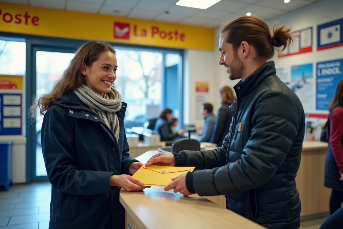 Jeune femme envoyant une enveloppe à un guichet de bureau de poste La Poste en France