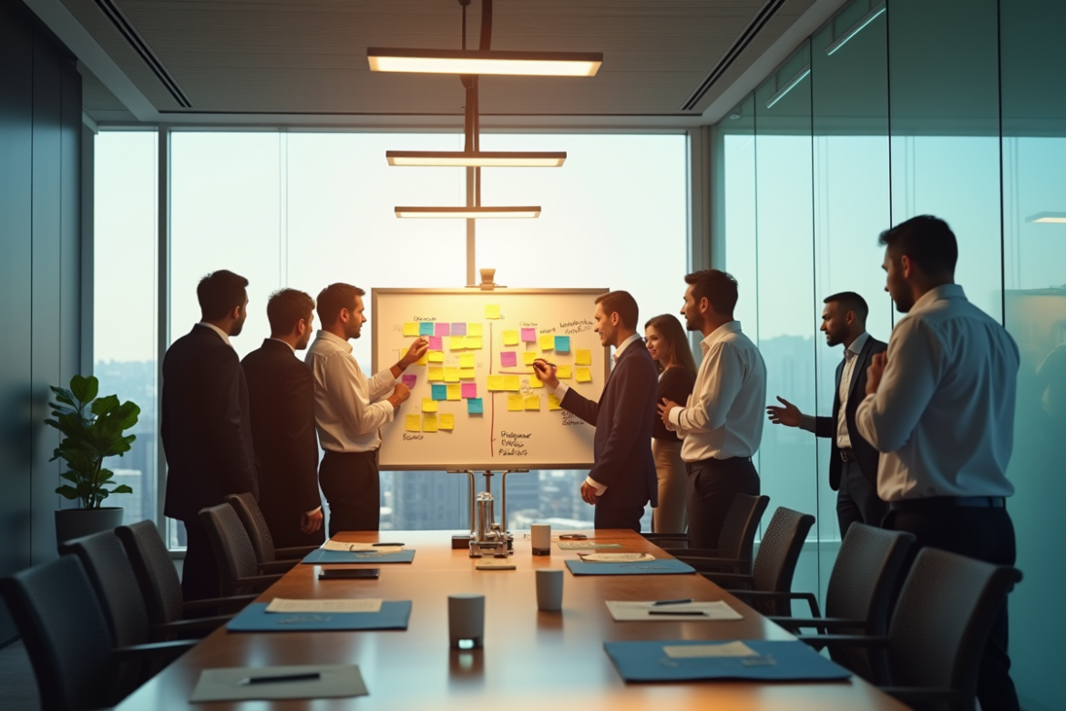 Groupe de cadres en réunion moderne avec tableau blanc