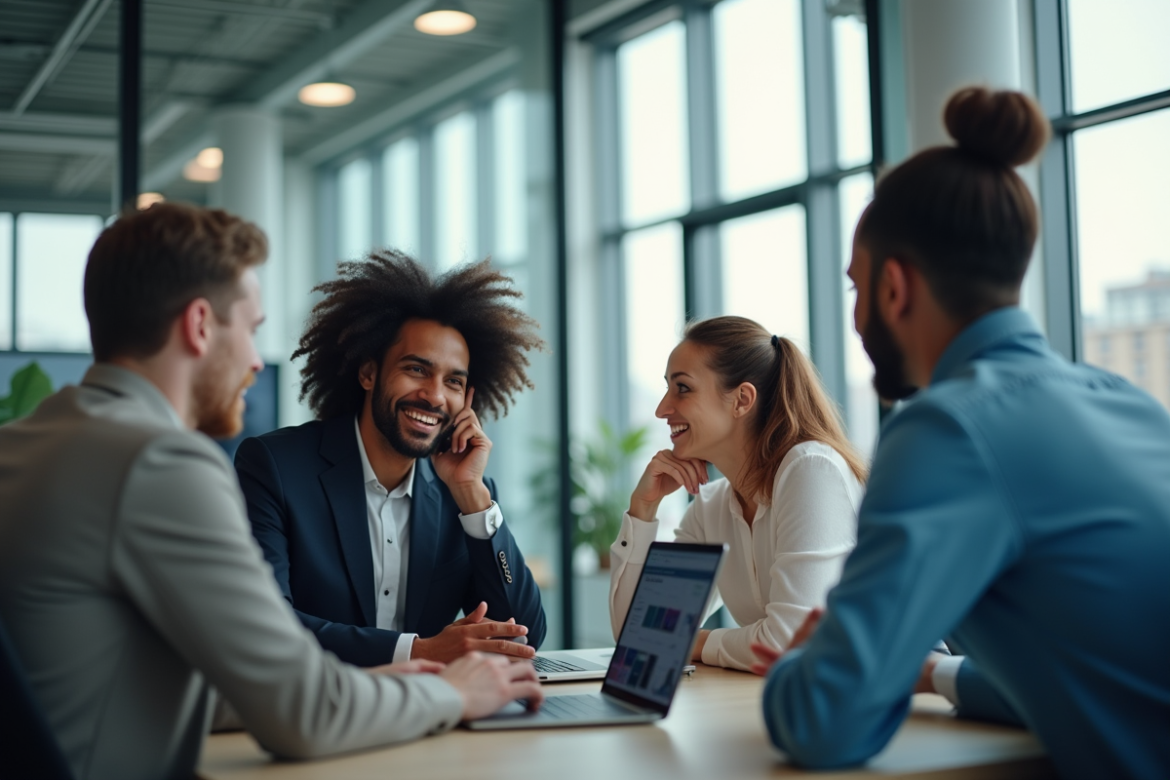 Groupe de professionnels collaborant dans un bureau lumineux