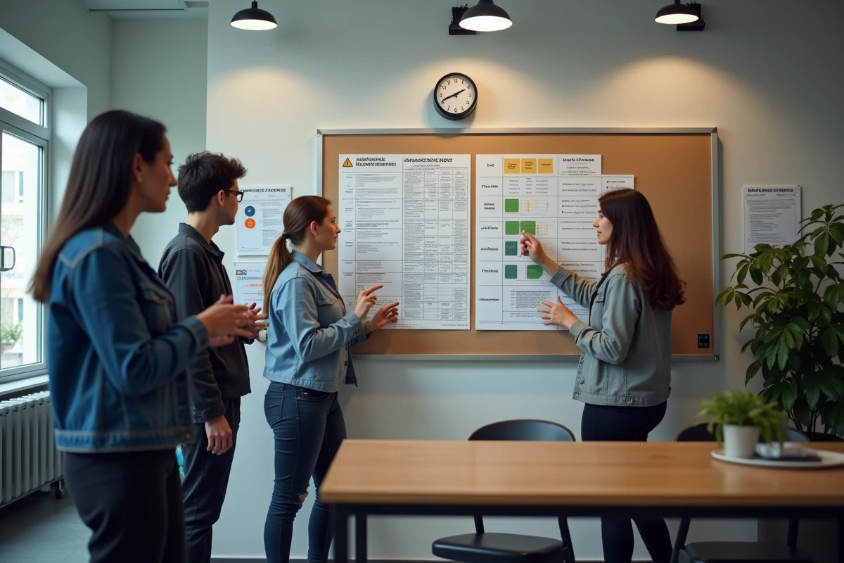 Equipe de techniciens discute devant un tableau d avancement