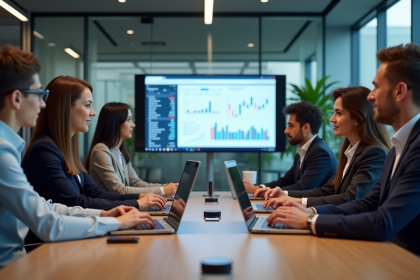 Groupe de professionnels autour d'une table moderne en réunion