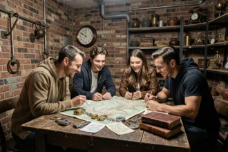 Groupe de joueurs résolvant des énigmes dans un escape game en Seine-Saint-Denis