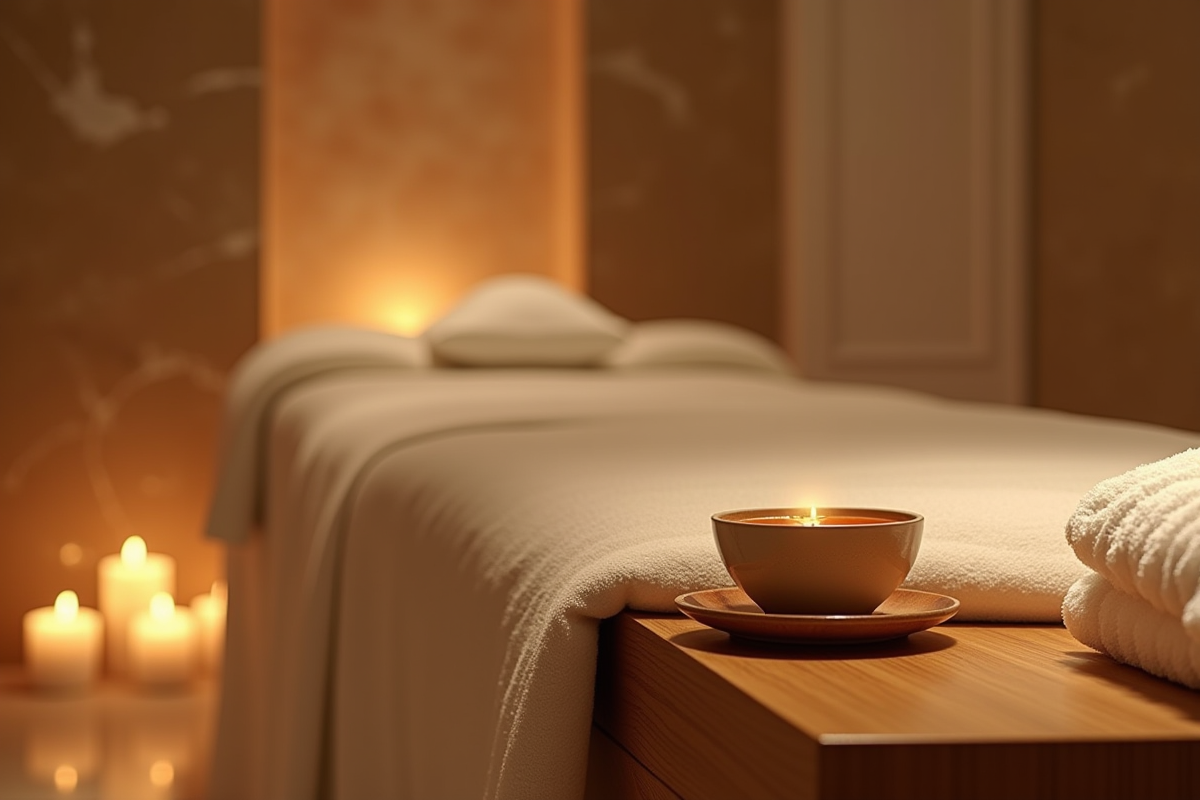Espace de soin spa luxueux à Paris avec eau infusée et ambiance chaleureuse